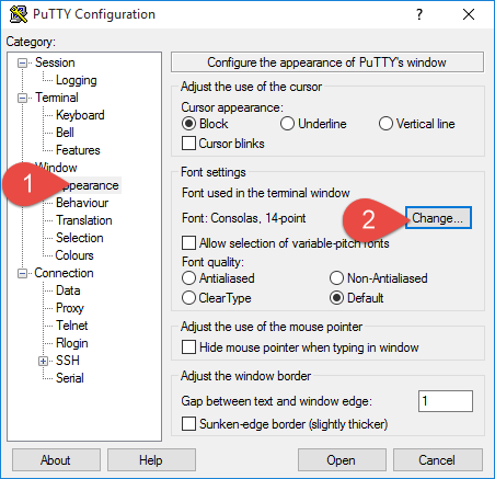 Konfigurace písma v Putty