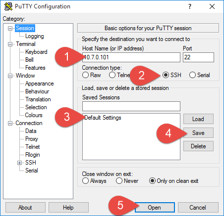 Parametry spojení v Putty