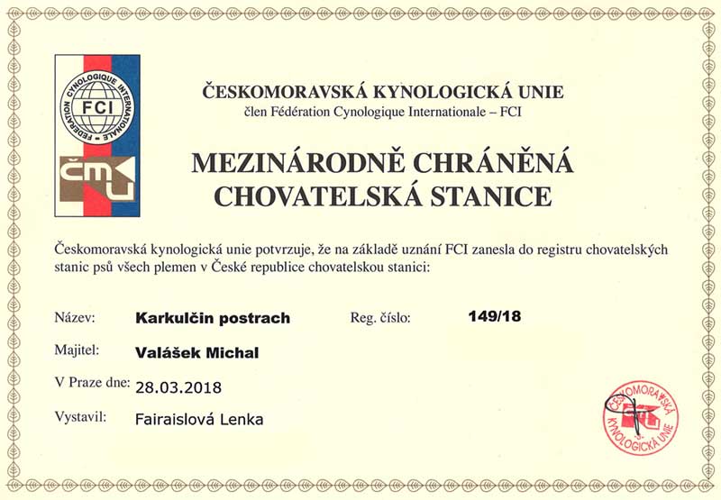 Registrace chovatelské stanice Karkulčin postrach